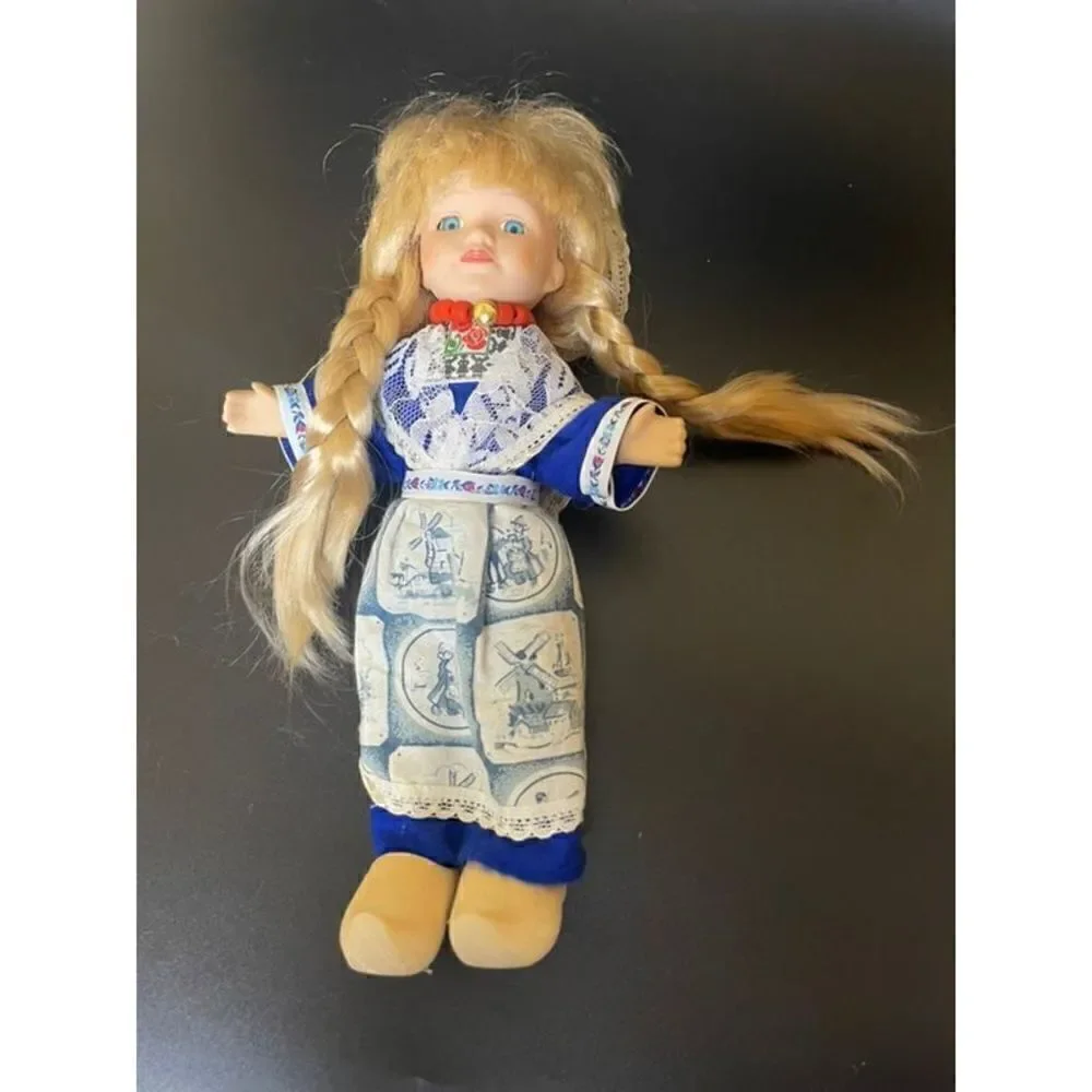 Dutch Holland Porcelain Collectible 11” Doll Blonde pigtail Traditional Dutch